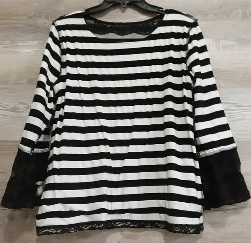 Camisa Karl Lagerfeld Mujer Manga 3/4 Lazo Negra Encaje Blanco Rayas Superposición M - Imagen 3 de 4