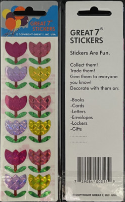 12 packages of Prismatic Tulip Stickers, ''Great 7'' Sticker Designs, PPZ5001