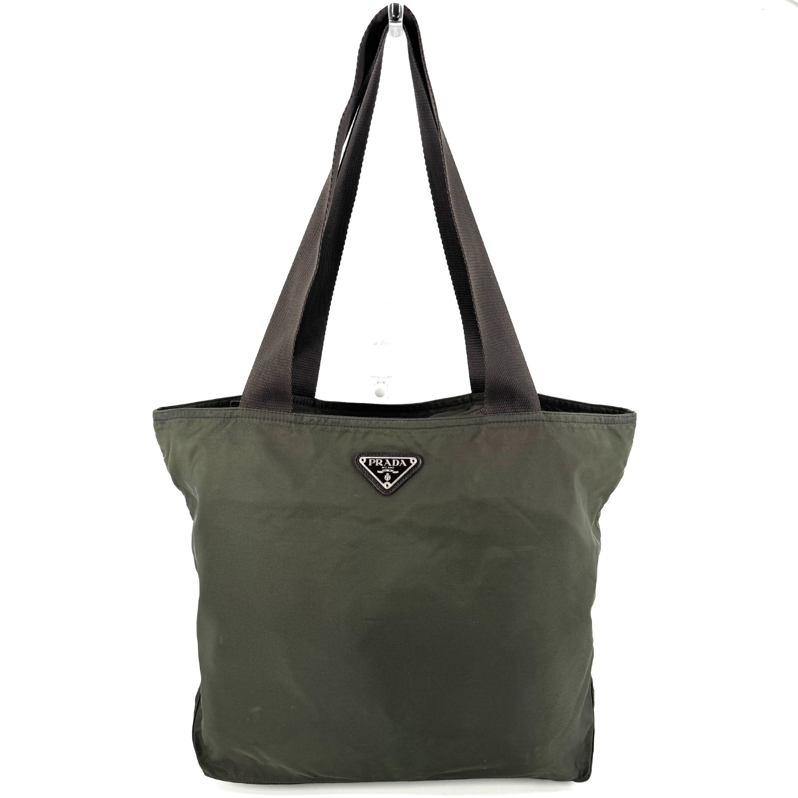 Prada Saffiano Leather Triangle Tote Shoulder Bag Khaki Nylon Authentic