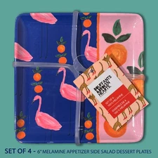 4 New BOUFFANTS & BROKEN HEARTS 6" Square Melamine Plates Pink Flamingos Oranges