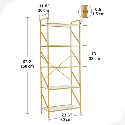 5 Shelf Gold Bookcase Bookshelf with Tempered Glass Shelves Storage Display Rack - Picture 5 of 10