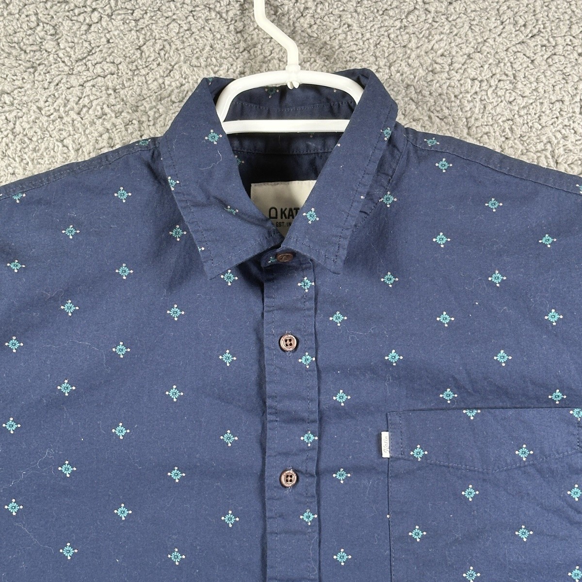 KATIN Blue Button Up Shirt Mens Short Sleeve Geometric Pocket Polo