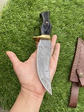 10”Costom made Damascus Steel Fixed Blade w/ stained wood leather sheath ZH 14