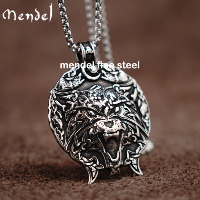 MENDEL Mens Stainless Steel Viking Amulet Fenrir Wolf Head Pendant Necklace Men