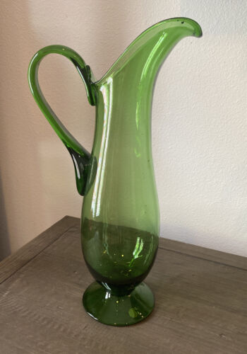 Vintage Hand Blown Brilliant Green Made In Italy Tall 15" Glass Picher - Picture 3 of 12