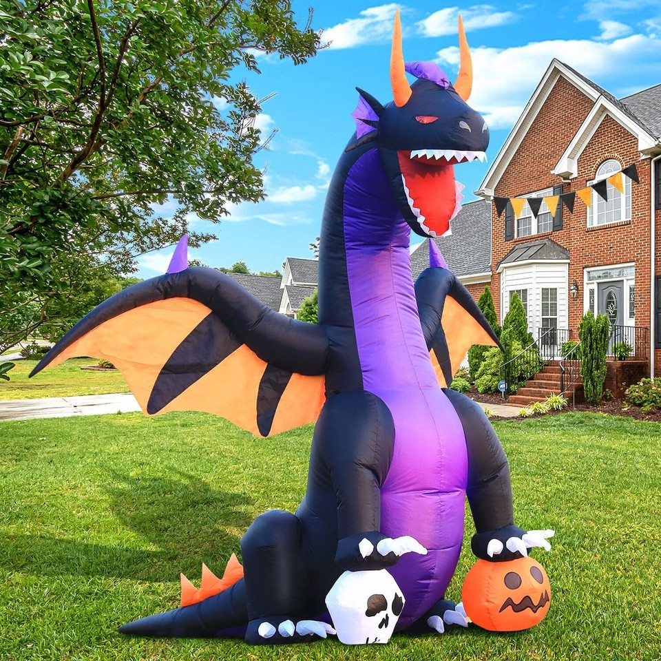 Halloween Inflatable Blow Up Decorations, 8FT Dragon Steps on Pumpkin