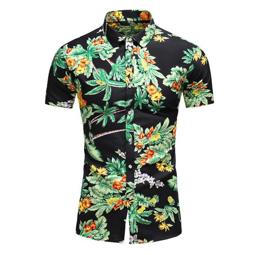 Men's Slim Fit Short-Sleeve Printed Shirt, Pointed Collar, Polyester Blend, Casu - Picture 4 of 80