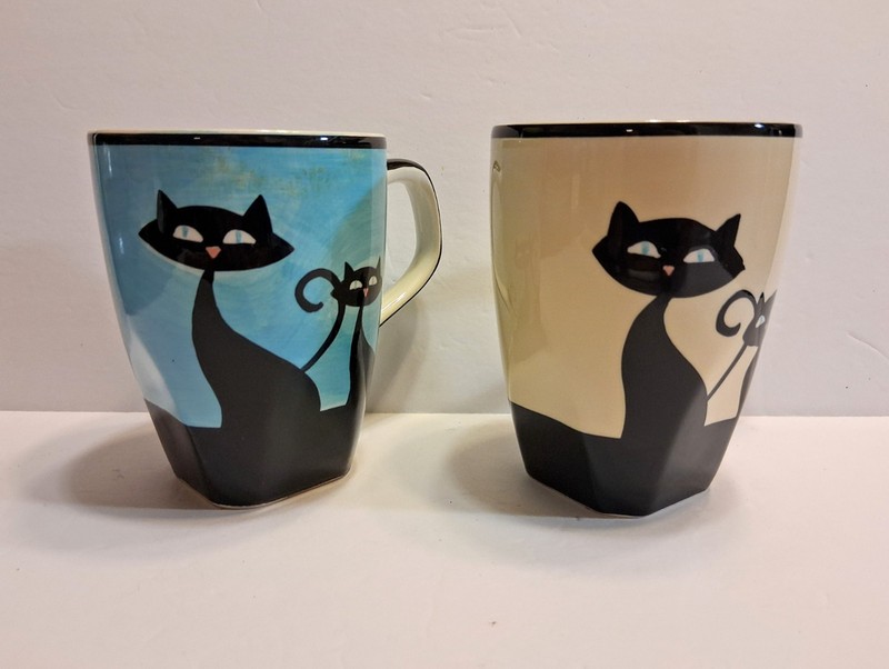 Hues•N•Brews "Cattitude Black Cats & Paw Prints" Mugs SET/2 Yellow/Blue RETRO