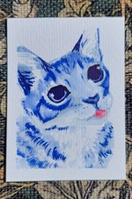 ACEO Original Dantes Fish Grey Kitten Watercolour Painting Art Card by c_buckett