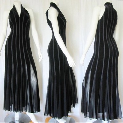 Vtg 90s TADASHI Shoji Sz L XL Black Velvet Piped Halter Gown Mesh Godet Hem Goth