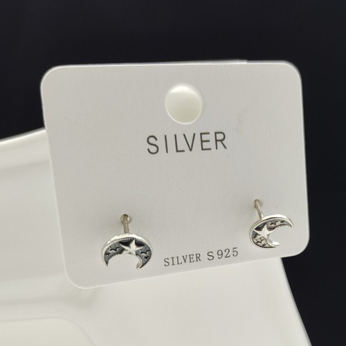 Real Solid 925 Sterling Silver Star Moon Stud Earrings - Picture 5 of 6