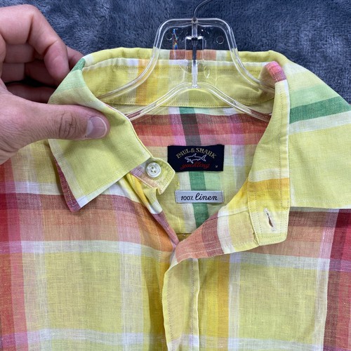 VTG Paul & Shark Mens Linen Long Sleeve Plaid Multicolor Button Up Shirt Large - Picture 2 of 10