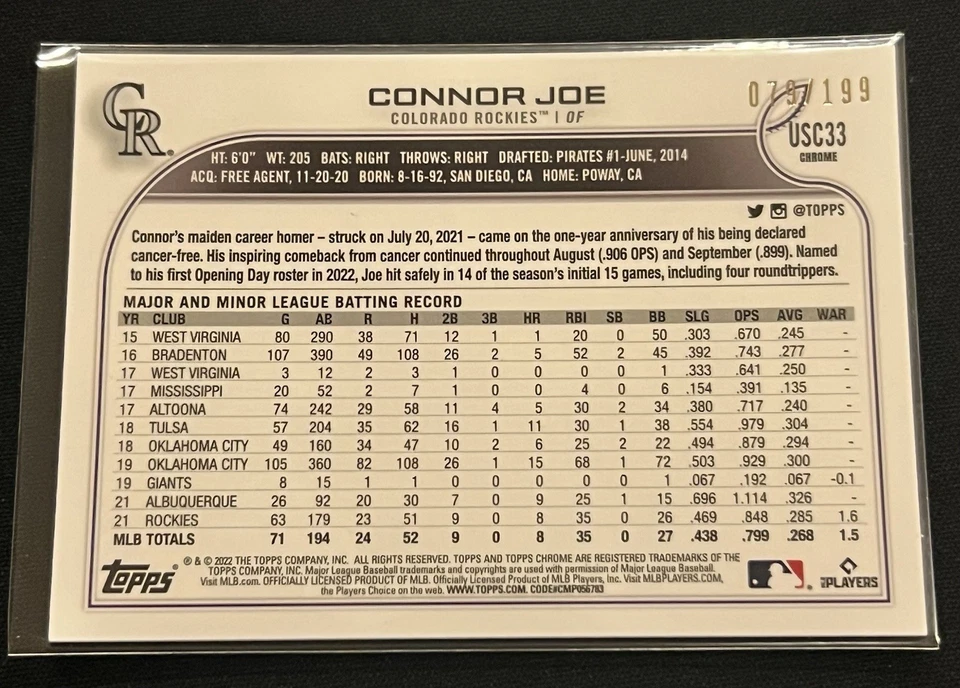 2022 Topps Chrome Connor Joe #USC33 Blue Refractor /199 Colorado Rockies - Image 2 of 4