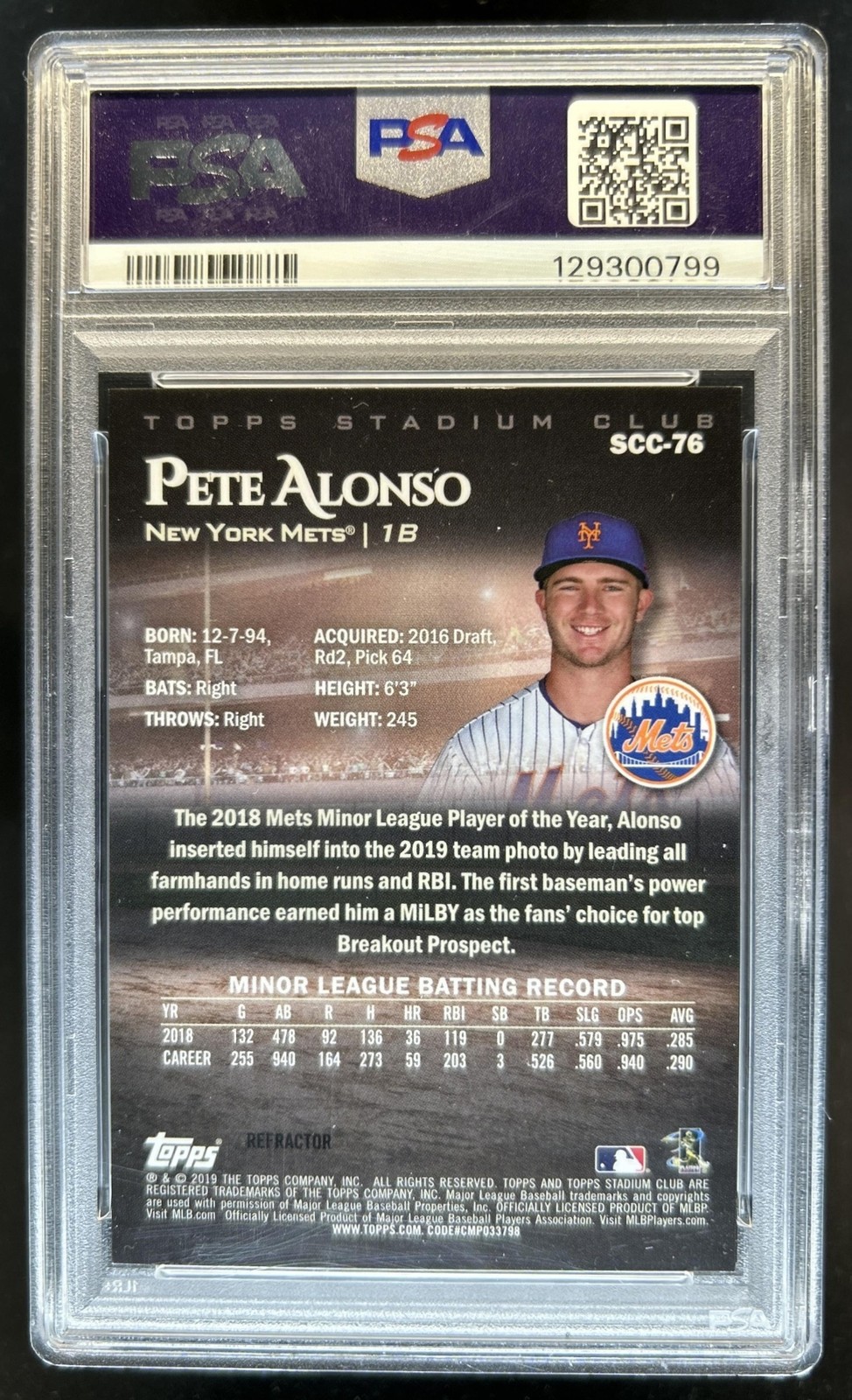 2019 Topps Stadium Club Pete Alonso Chrome RC Gold Minted #SCC-76 Mets PSA 10 view 2
