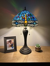 Tiffany Style Table Lamp Dragonfly Blue Stained Glass LED Bulbs 12"W 12"D 22"H