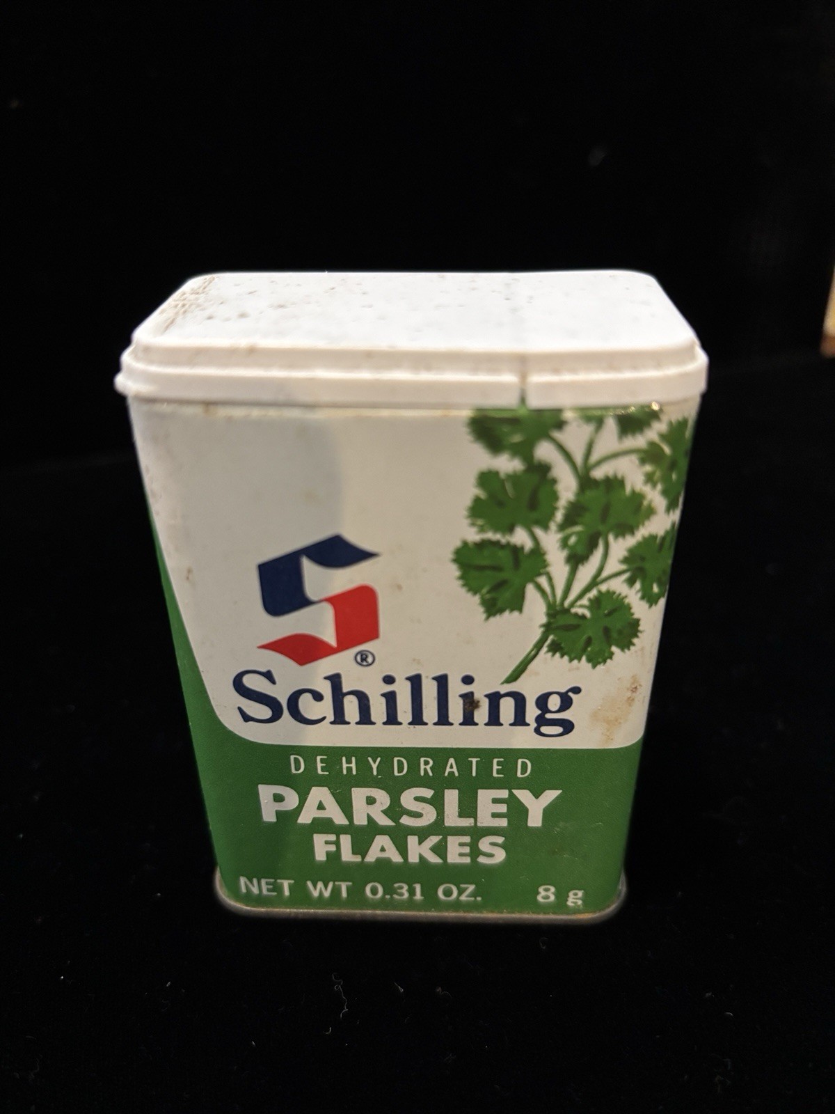 Vintage SCHILLING PARSLEY FLAKES Spice Tin - 1974- No Dents - Nice Graphic