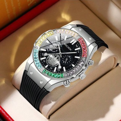 Men's Hip Hop Luxury Iced Watch Iced Crystal Decorated Dial Silicone Band Sports