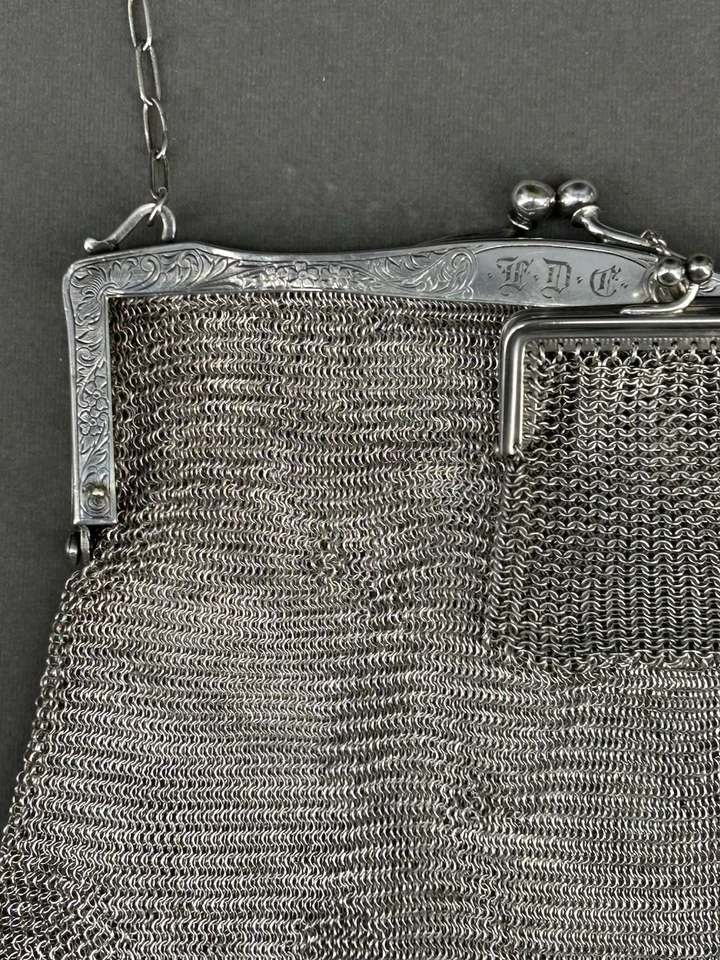 ANTIGUA Cartera Alemana PLATA Malla ORIGINAL Fecha 1915 GRABADA Nombre y Dirección Foto 2 de 4