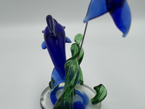 Glass Dolphin Figurine Vintage Iridescent 2 Leaping Dolphins Ocean Sea Life - Picture 5 of 7
