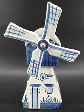 Vintage Delft Windmill Music Box Holland Porcelain Blue White 9" Wind Up Gift