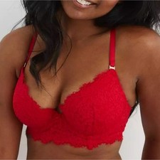 NWT Aerie Real Power Chili Red Plunge Push Up Bra Eyelash Lace Womens 32DD