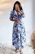 Zara Blue White Paisley Cotton Belted Midi Shirt Dress Size M UK 10 12