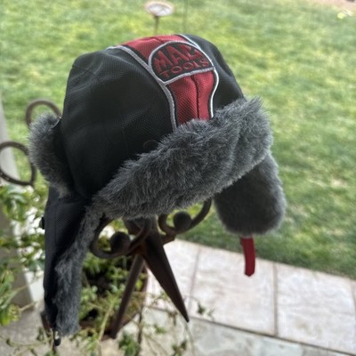 Mac Tool's Winter Hat Hunting Trapper Style Black/Red Faux Fur EUC