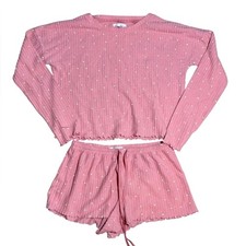Lauren Conrad Comfy Pink Polka Dot Pajama Shorts Set Waffle Knit Long Sleeve S