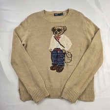 Polo By Ralph Lauren Sweater Mens Small Beige Cotton Polo Bear Knit Pullover