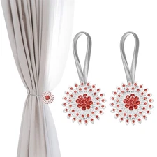 2 Pack Sparkling Rhinestone Flower Magnetic Curtain Tie Backs Red Silver
