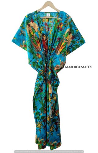Indio Turquesa Largo Estampado Floral Maxi Algodón Mujer Pijama Vestido Caftán - Imagen 3 de 7