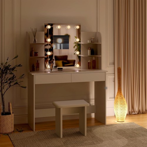 Schminktisch Frisiertisch Kosmetiktisch mit Hocker LED-Beleuchtung Spiegel Weiß - Bild 4 von 19