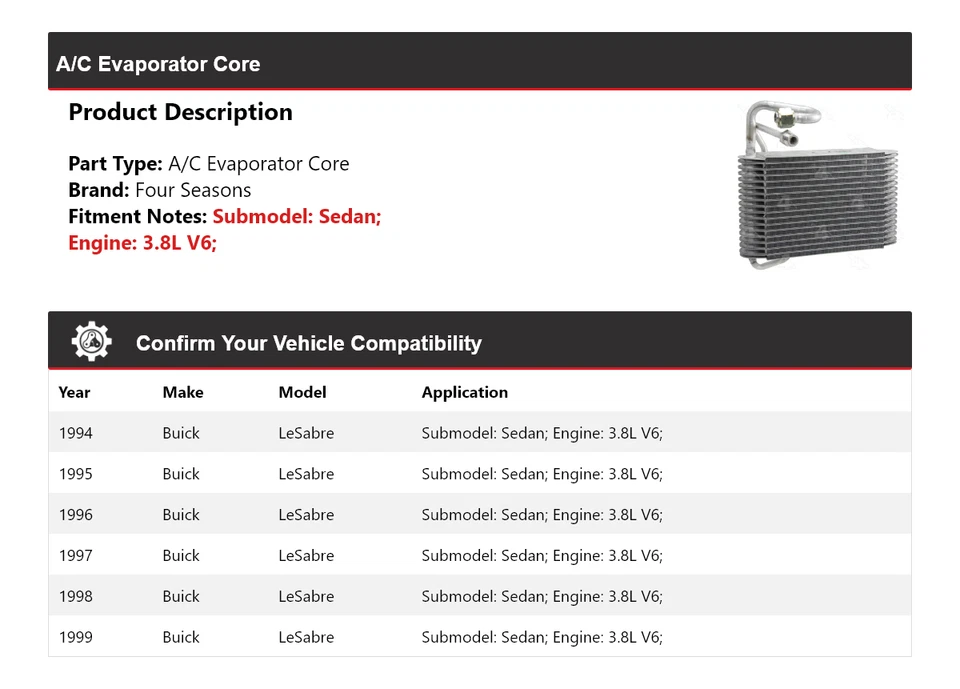 For 1994-1999 Buick LeSabre Sedan 3.8L V6 A/C Evaporator Core 4 Seasons 1995 - Image 2 of 4