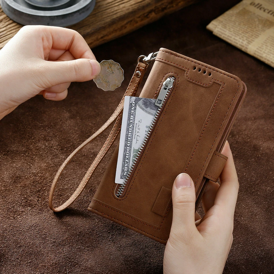 Zipper Leather Wallet Card Flip Case For iPhone 16E 13 11 14 15 17 Pro Max 7 8 - Image 2 of 4