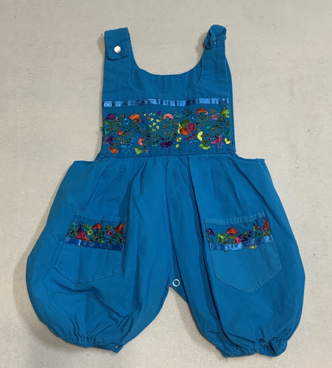 Smocked Embroidered Romper Size 6mths Toddler Floral Blue Turquoise Bubble Pants