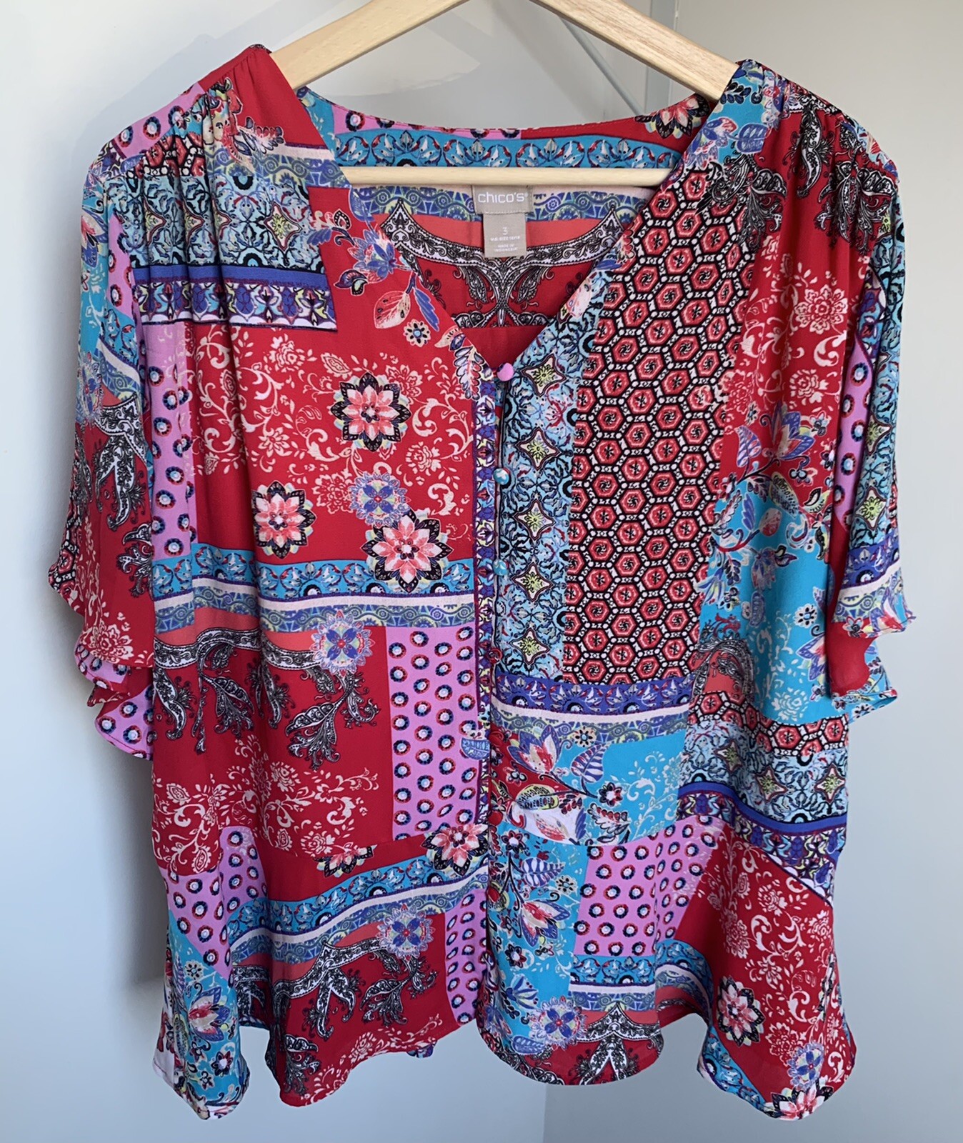 Chicos 3 Patchwork Peplum Flutter Short Sleeve Bl… - image 1