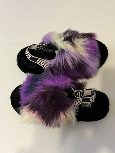 UGG Damen flauschige lila schwarze pelzige Wolle Sandalen Hausschuhe Fersenriemen Größe 7 - Bild 4 von 4