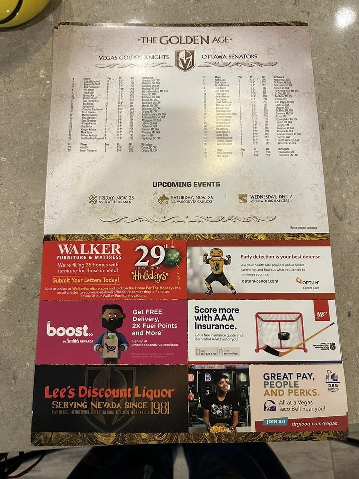 Vegas Golden Knights vs Ottawa Senators 11/23/22 Theodore Poster HFC - Image 2 of 2