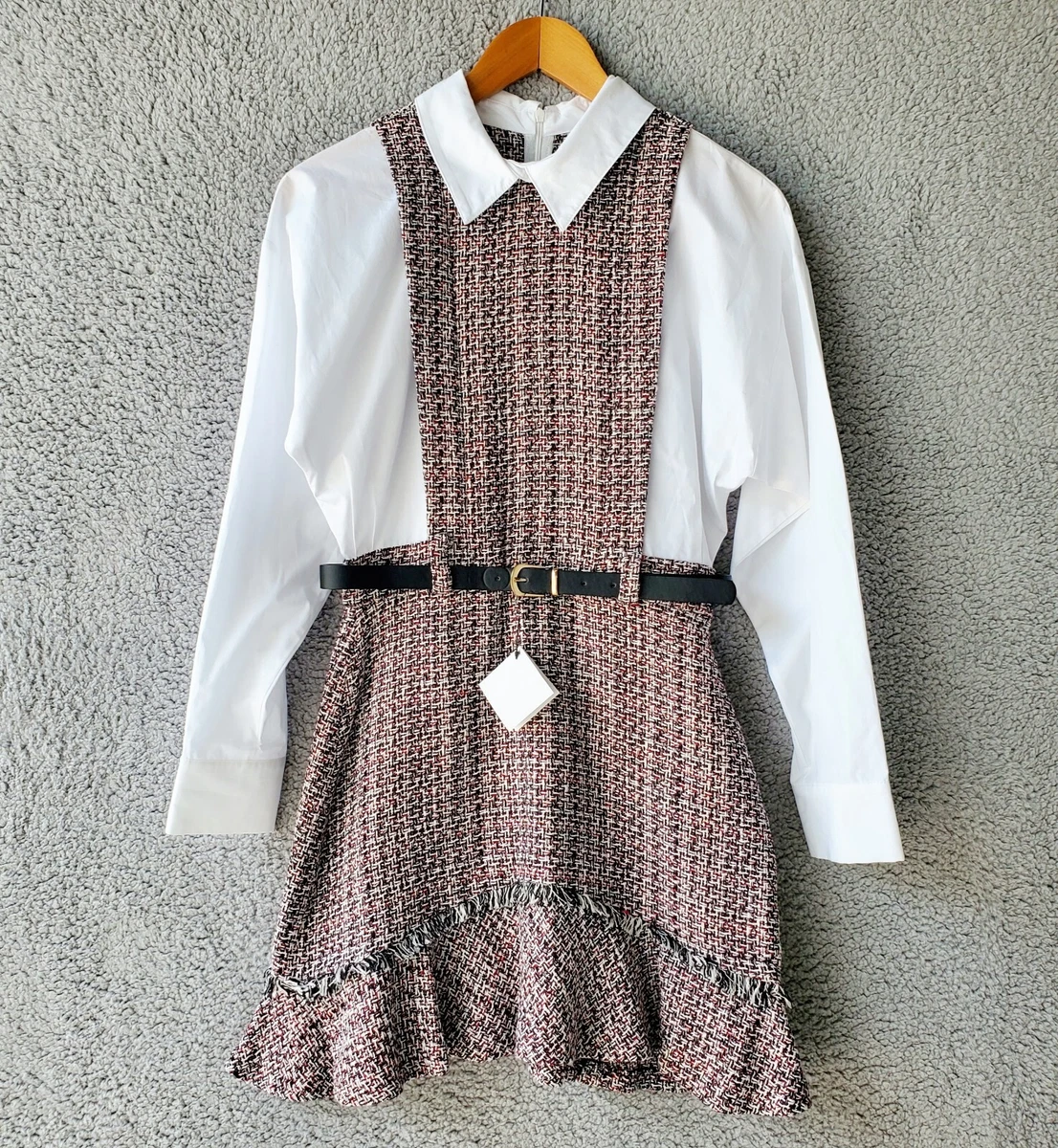 Zara Pinafore Dress Small S Short Blouse Combination Long Sleeve