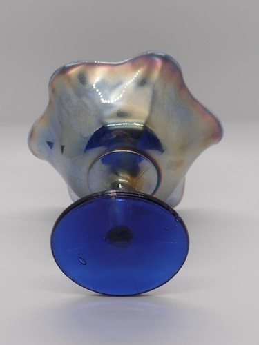 Vintage FENTON Holly Pattern Blue Carnival Glass Compote Bowl Iridescent c1910 - Picture 6 of 6