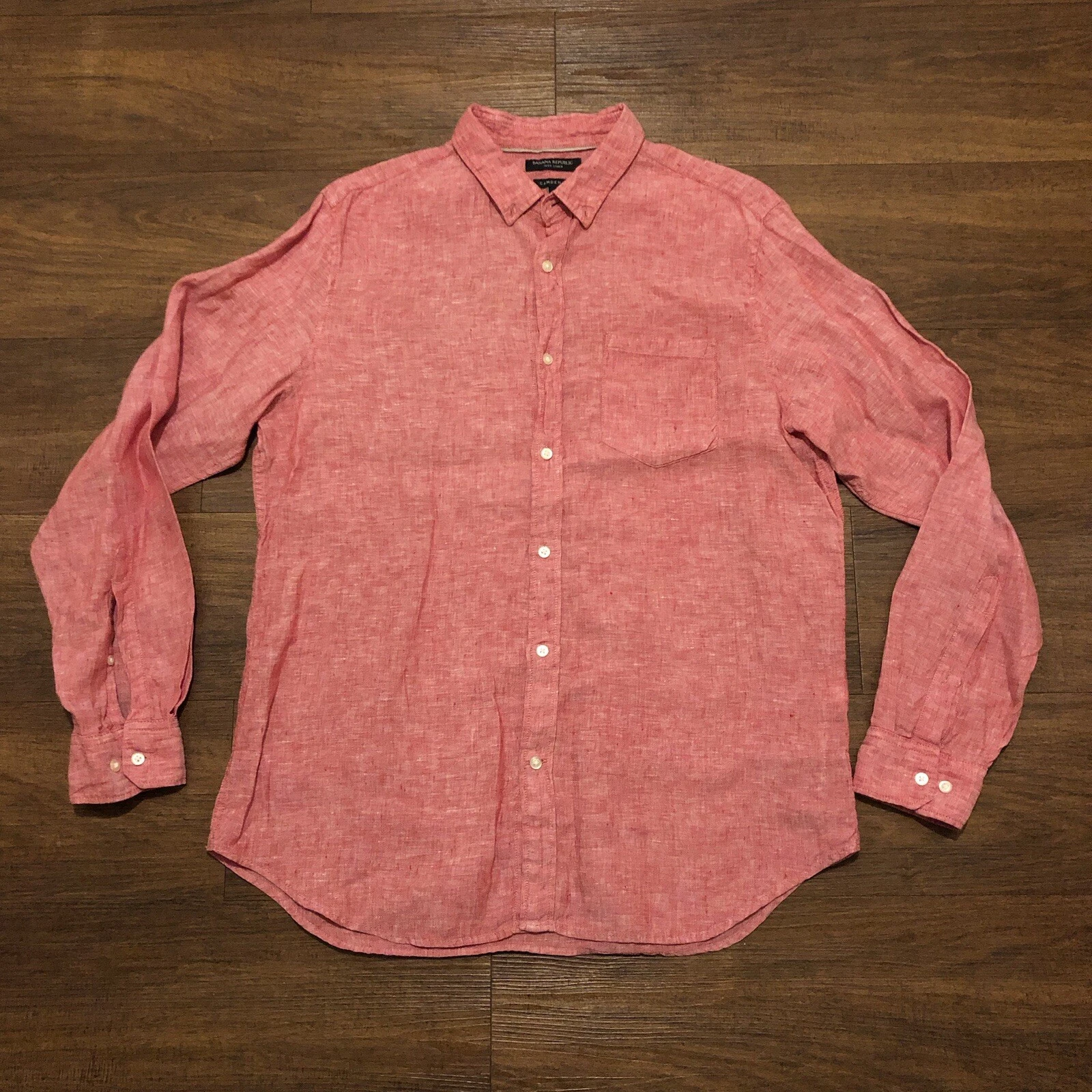 Banana Republic 100% Linen Shirt Mens L Large Red Camden Fit Button Up