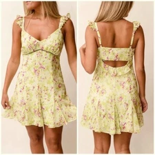 New Likely Gavina Mini Dress In Green Floral Flutter Strap Cut Out Back Sz 8