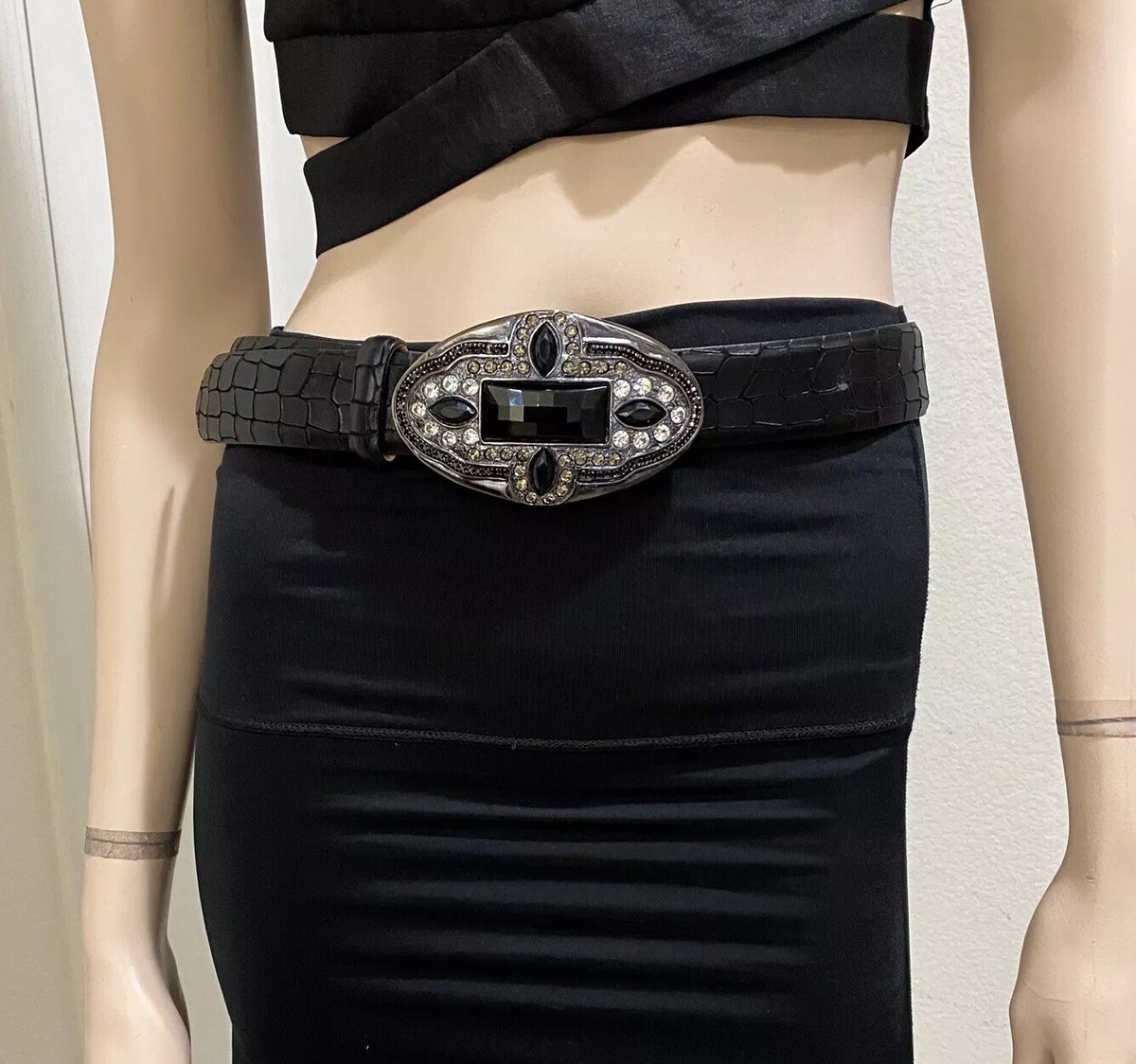 STREETS AHEAD Black Embossed Leather Belt Big Oval Buckle  display picture 2