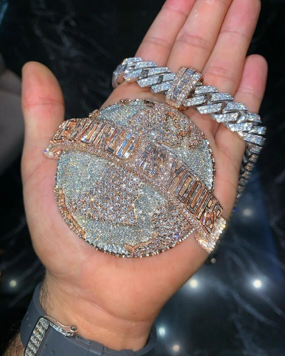 The World Is Yours Rapper Diamond Hip Hop Charms Big Pendant 14k Gold Over