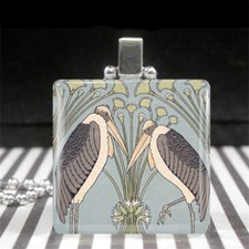Vintage Art Nouveau Necklace Stork Pendant Crane Charm Heron Bird Jewelry Glass