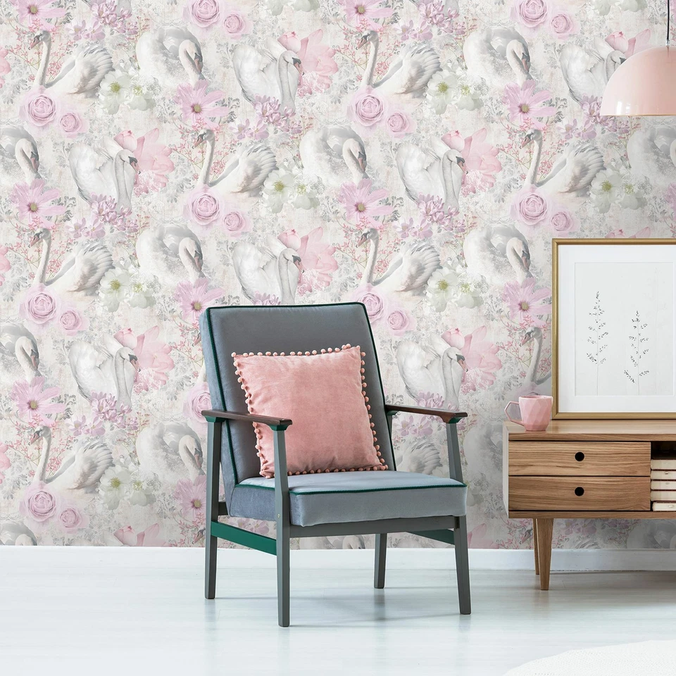 HOLDEN 90700 PINK GLITTER SWANS WALLPAPER - SILVER HIGHLIGHTS, DAMASK, VINTAGE - Image 3 of 3