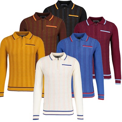 NEW MADCAP MOD 60s 70s JACQUARD KNIT RETRO Zip Neck POLO SHIRT Coltrane MC1039