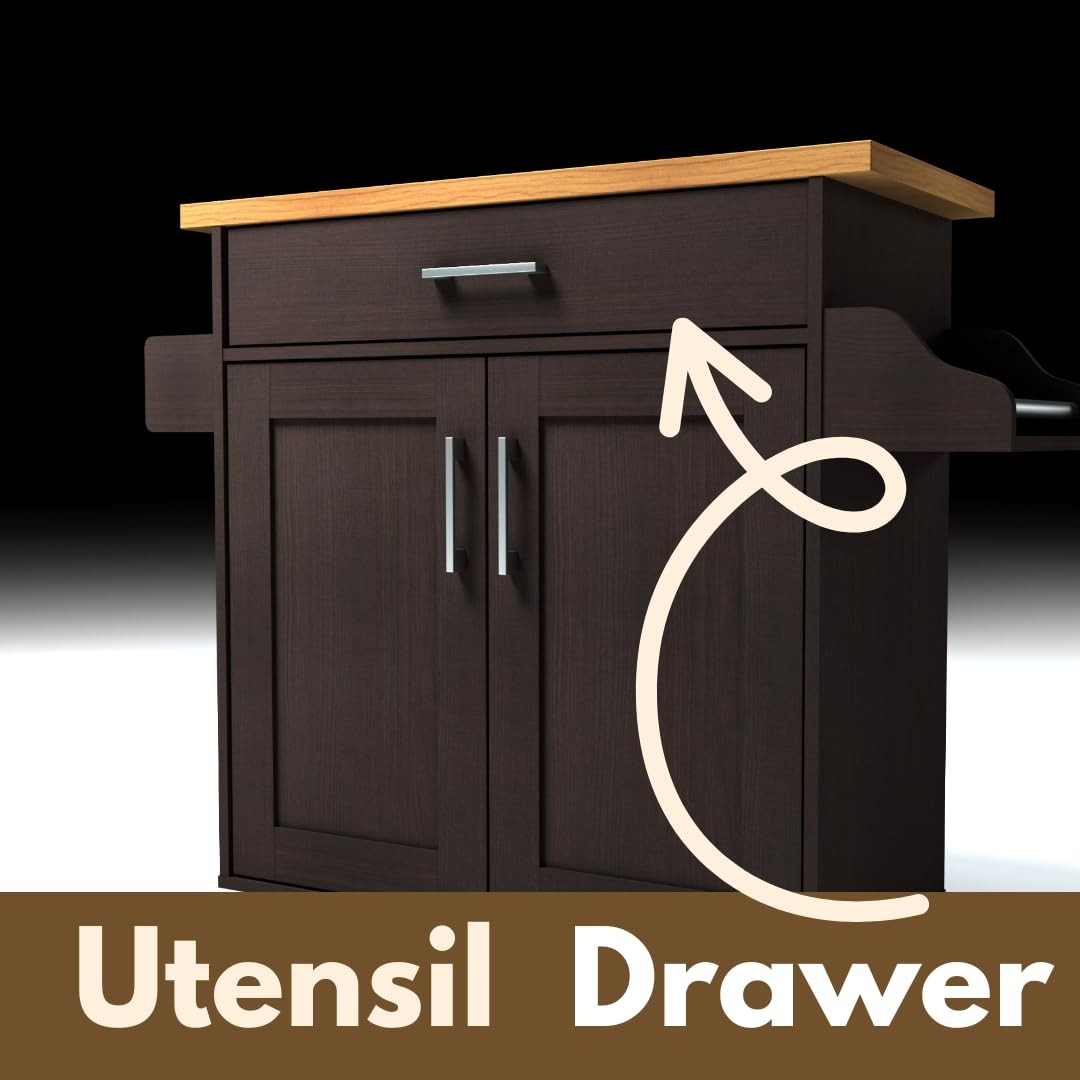 Hodedah Kitchen Island with Spice Rack, Towel & Drawer, Black Beech