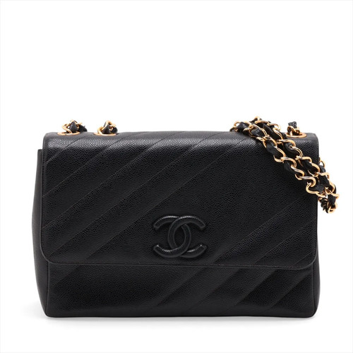 Chanel Coco Mark Caviar Skin Single Flap Double Chain Bag Black Gold Metal Fitti
