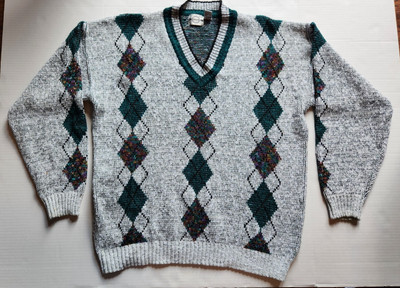 Mens XL Tall Vintage Piccadilly Colorful Geometric Grandpa Dad V Neck Sweater